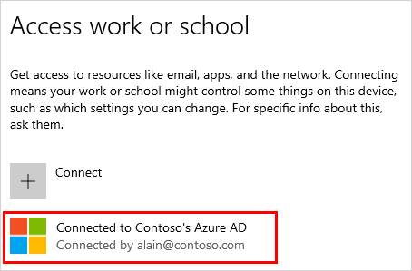 Schermafbeelding met het venster 'Werk of school openen' met het Azure AD-account 'Verbonden met (uw organisatie) geselecteerd'