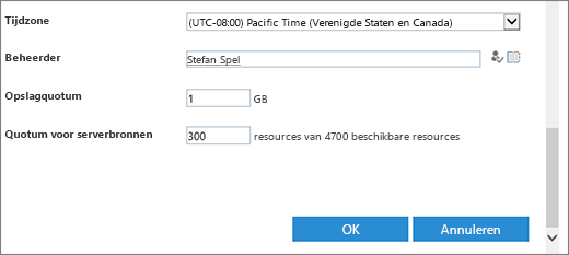 Dialoogvenster Nieuwe siteverzameling  met sectie voor tijdzone en quota's.