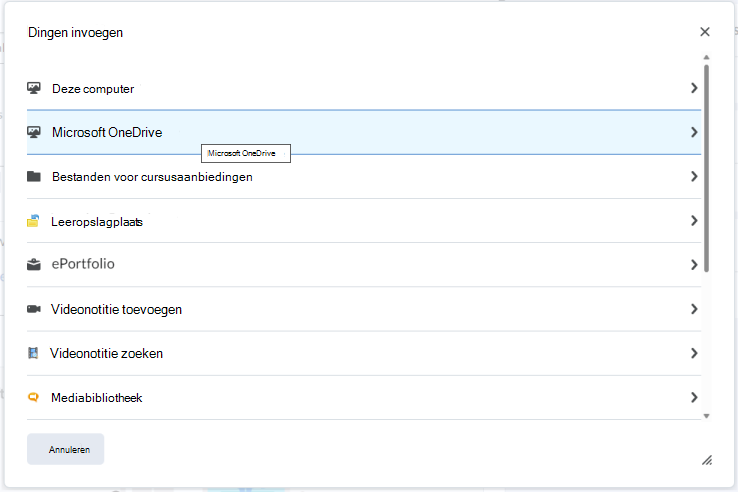 Sluit een OneDrive-bestand in de Brightspace-editor in met behulp van het menu Items invoegen.