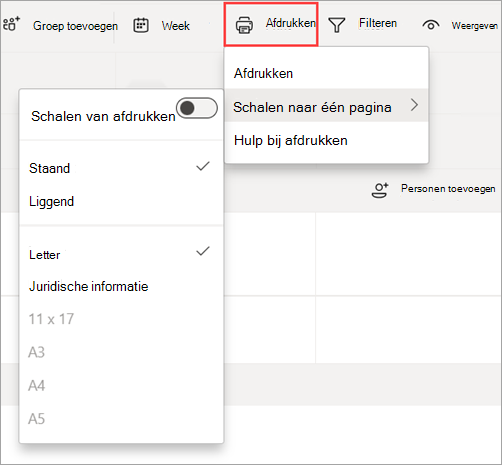 Schermopname van de optie Afdrukken in Shifts om een planning af te drukken.