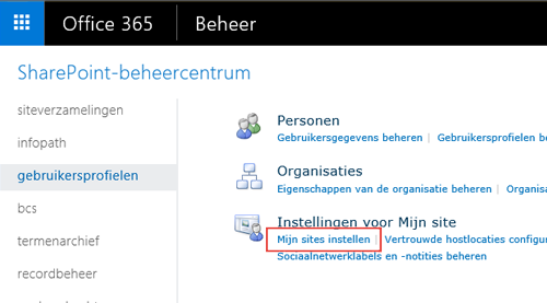 Schermafbeelding van het menu instellingen van SharePoint en gebruikersprofiel gemarkeerd