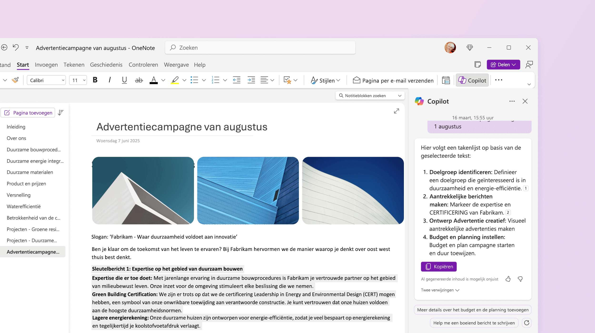 Schermopname waarin Copilot in OneNote een takenlijst maakt.