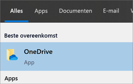 Schermafbeelding van het zoeken naar de OneDrive-bureaublad-app in Windows 10