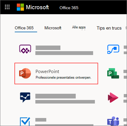 De startpagina van Office 365 met de PowerPoint-app gemarkeerd