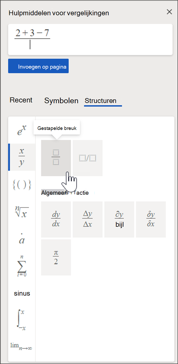 Zijpaneel van Vergelijkingshulpmiddelen met een vak waarin u uw vergelijking en een bibliotheek met structuren en symbolen kunt maken