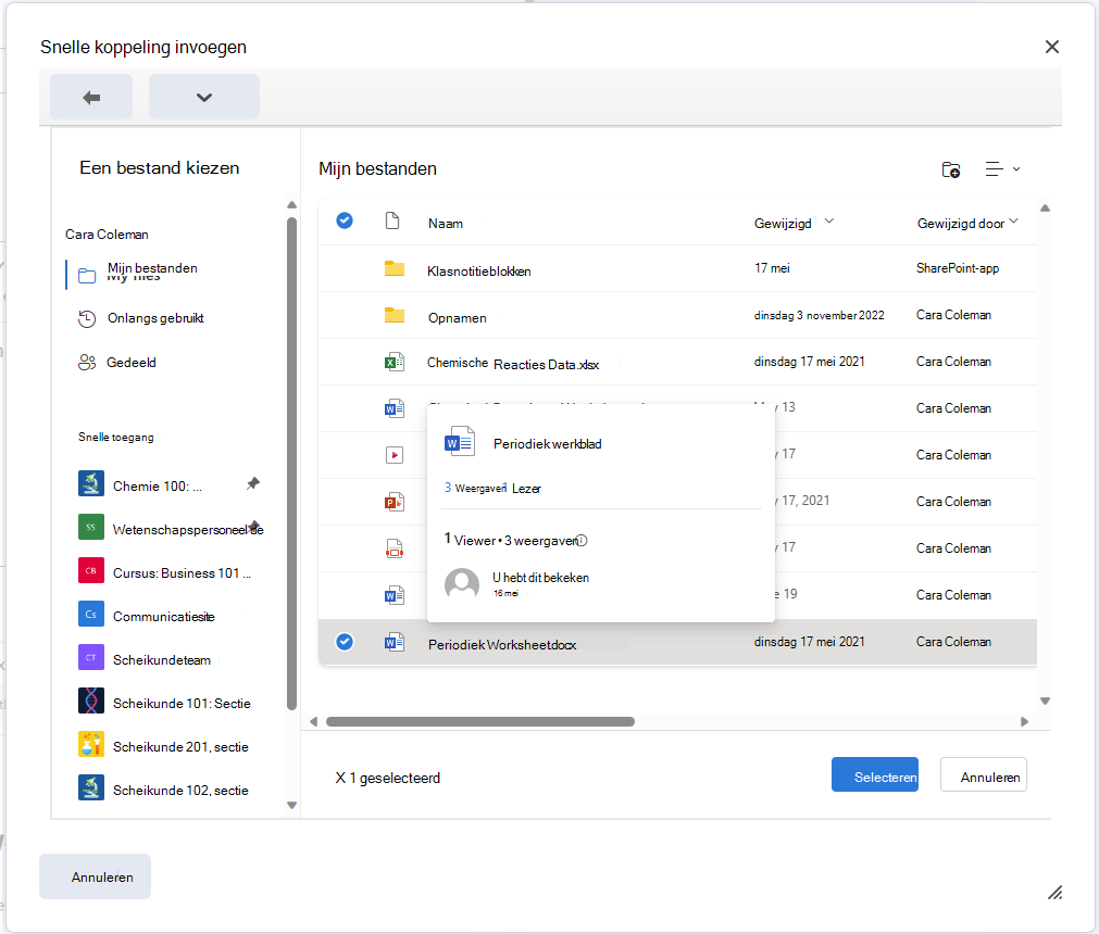 Sluit een OneDrive-bestand in de Brightspace-editor in met behulp van de knop Quicklink invoegen.