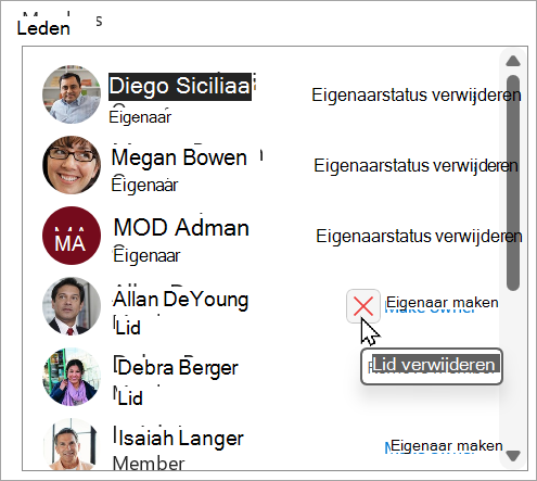 In het vak Leden kunt u de status van eigenaar verwijderen, een lid eigenaar maken of een lid verwijderen.