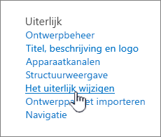 Sectie Uiterlijk van site-instellingen met Het uiterlijk wijzigen gemarkeerd