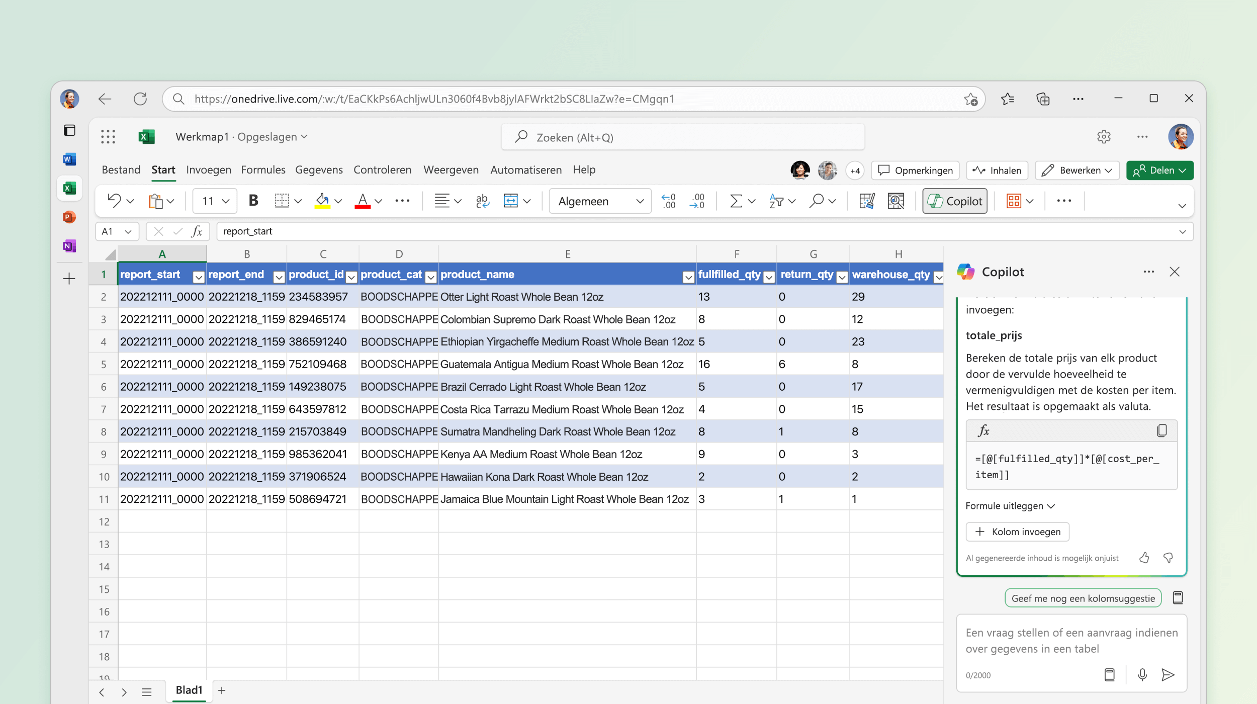 Schermopname van Copilot in Excel waarin een berekeningsformule wordt voorgesteld.