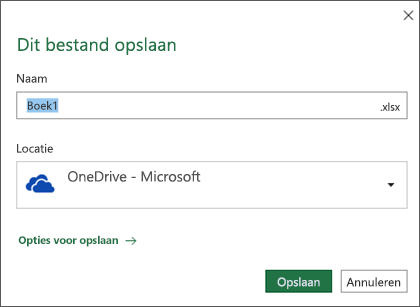 Het dialoogvenster Opslaan in Microsoft Excel voor Office 365