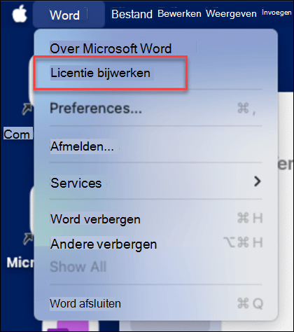 De knop Licentie bijwerken zoeken in Microsoft Word op MacOS.