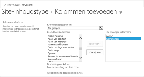 Bestaande kolommen aan inhoudstype toevoegen