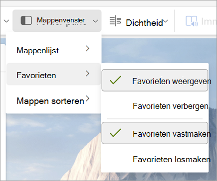 Schermafbeelding van de vervolgkeuzelijst Mappenvenster met Favorieten weergeven en Favorieten vastmaken geselecteerd