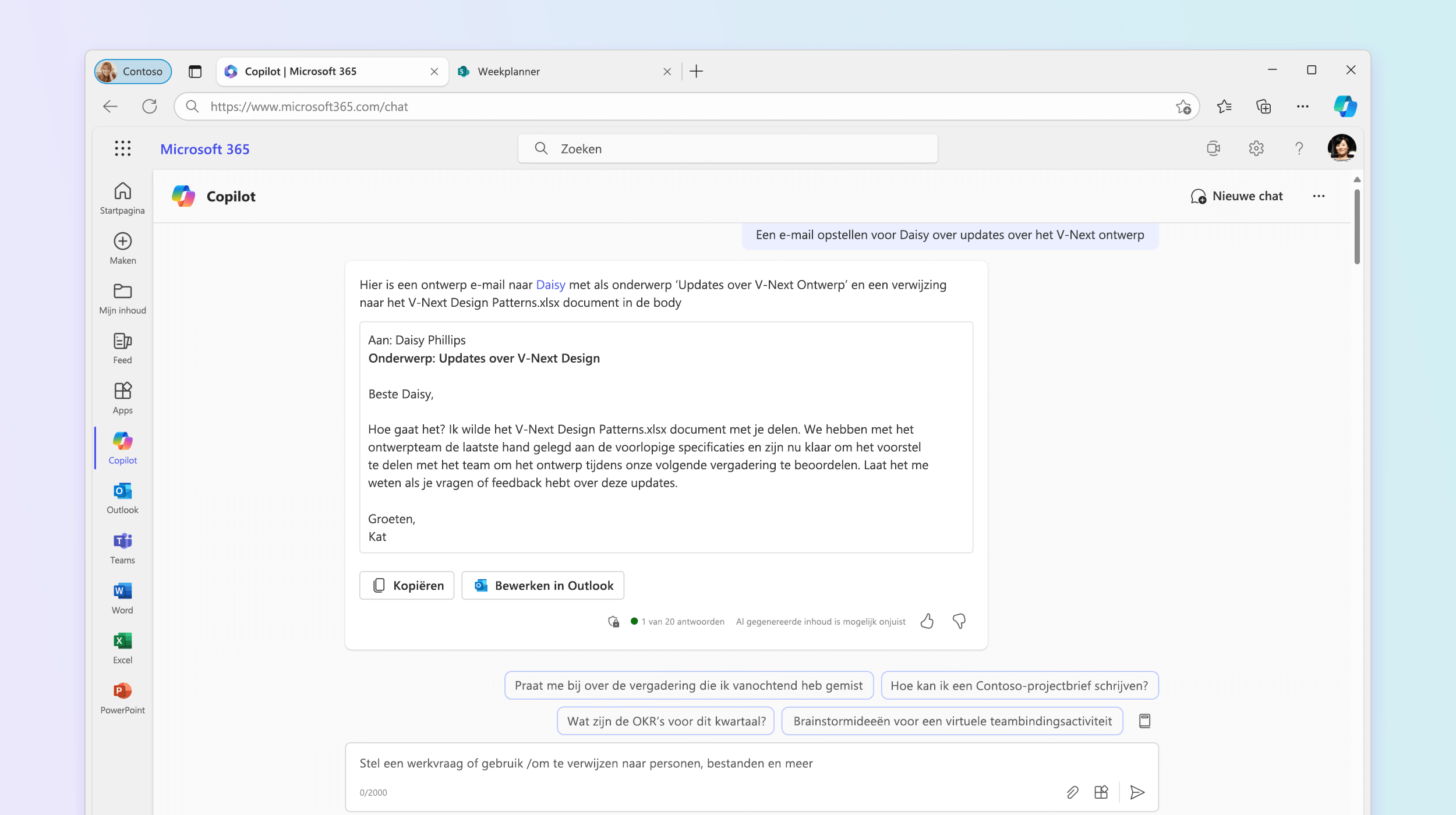 Schermopname toont Microsoft 365 Chat die een e-mail opstelt.