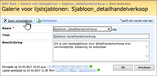 Pagina Lijstsjabloon bewerken waarin Verwijderen is gemarkeerd.