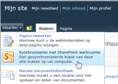 De opdracht Synchroniseren met SharePoint Workspace in het menu Siteacties