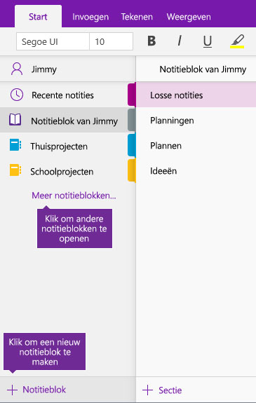 Schermafbeelding van het maken van een nieuw OneNote-notitieblok