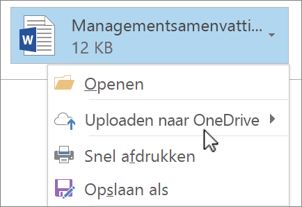 Schermafbeelding van het opstelvenster van Outlook met een bijgevoegd bestand en met de opdracht Uploaden geselecteerd.
