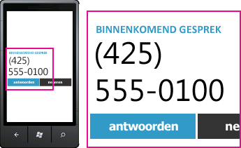 Schermafbeelding met het telefoonnummer voor een binnenkomende oproep en de antwoordknop in Lync voor mobiele clients