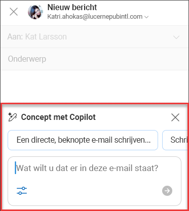 Tekst 'Wat wilt u dat deze e-mail zegt' voor Concept met Copilot in Outlook