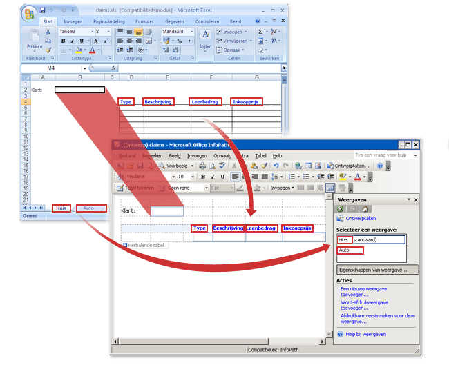 Een Excel-werkmap voordat en nadat deze is geconverteerd naar een InfoPath-formuliersjabloon.