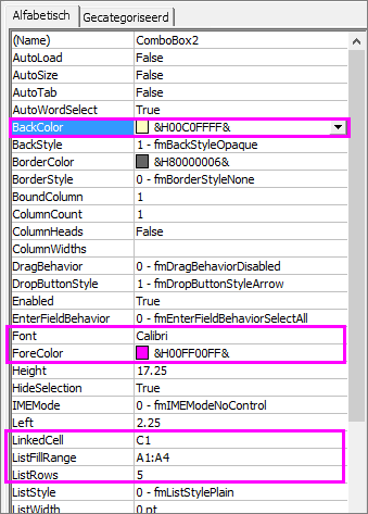 Instellingen voor eigenschappen voor ActiveX-keuzelijst met invoervak.