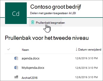 Gemarkeerde knop Prullenbak leegmaken voor Prullenbak voor tweede stadium van SharePoint Online