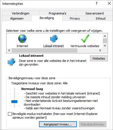 Tabblad Beveiliging van opties voor Internet Explorer met de knop Aangepast niveau