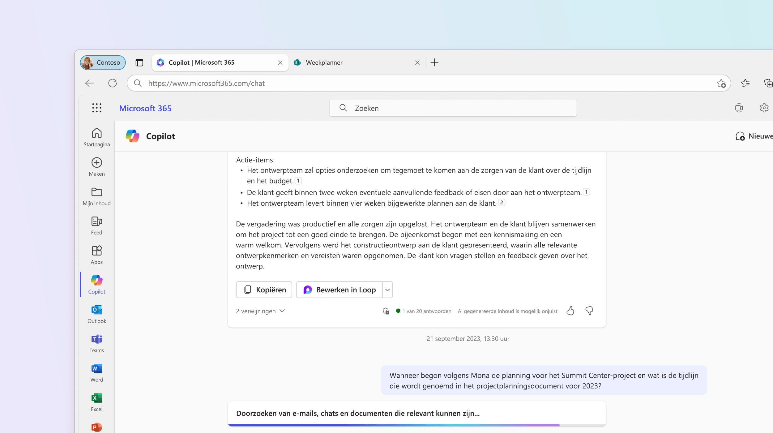 Schermopname van Microsoft 365 Chat die een vraag over de projectplanning beantwoordt.