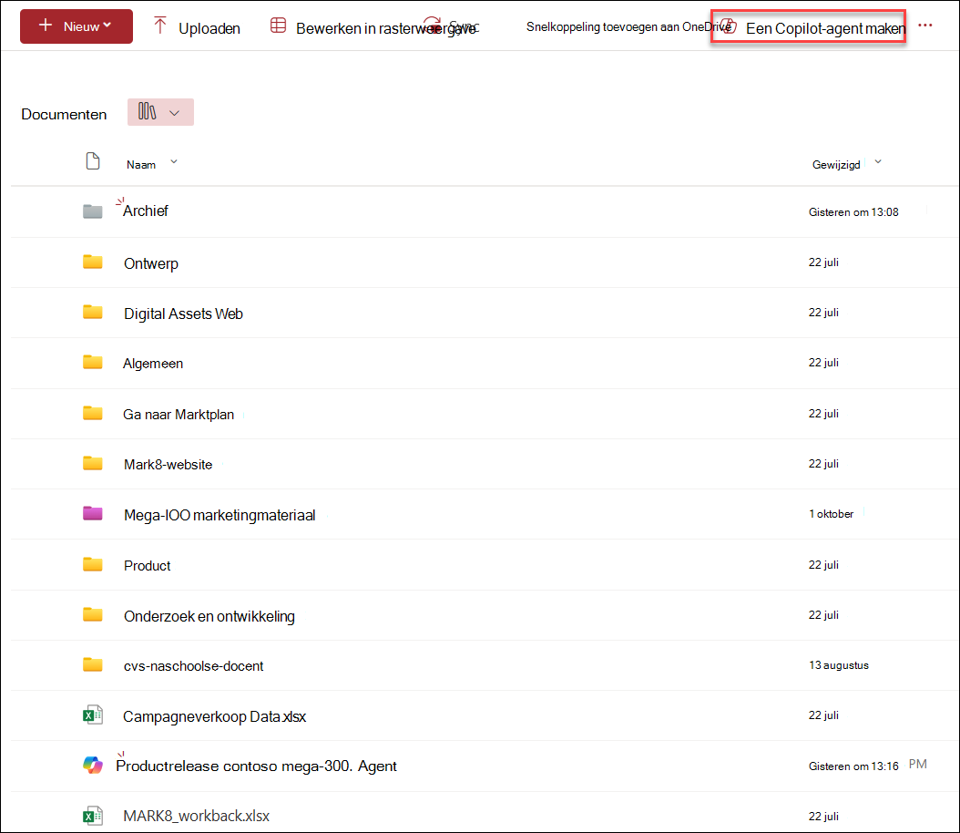 De schermopname van Nieuwe copilot-agent maken vanuit de documentbibliotheek