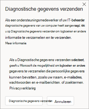 Schermopname van het venster waarin wordt getoond hoe u diagnostische gegevens verzendt wanneer u met een agent praat