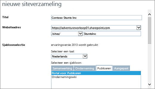 Bovenste deel van het dialoogvenster Nieuwe siteverzameling met Portal voor publiceren gemarkeerd