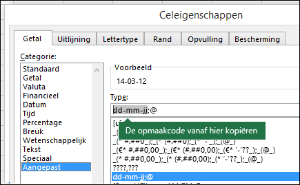 Voorbeeld van het gebruik van het dialoogvenster Opmaak > Cellen > Getal > Aangepast om Excel opmaakreeksen voor u te laten maken.