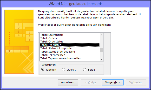 Selecteer een tabel of query in het dialoogvenster van de wizard Niet-gerelateerde records