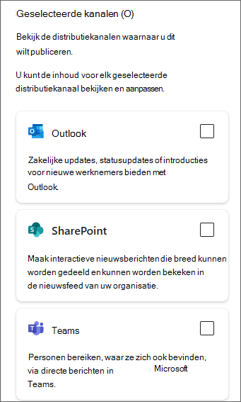 Schermopname van het zijpaneel met selectievakjes voor Outlook, SharePoint en Teams.