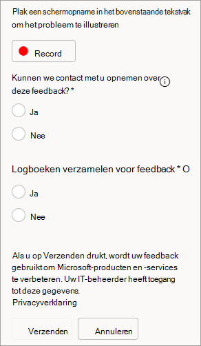 Schermopname van de optie voor het toestaan van contactpersonen en het verzenden van logboeken bij het verzenden van feedback