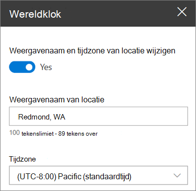 De werkset voor het webonderdeel Wereldklok voor SharePoint-sites, waarin wordt getoond hoe u een weergavenaam en tijdzone kunt aanpassen