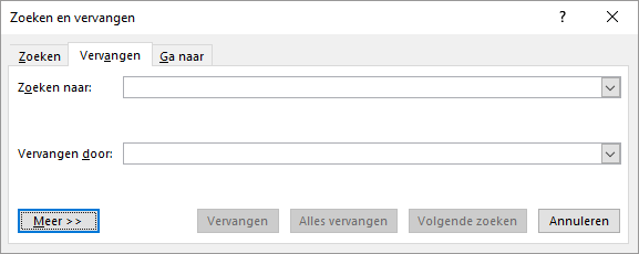 Kies in Outlook, in het dialoogvenster Zoeken en vervangen, de knop Meer voor extra opties.