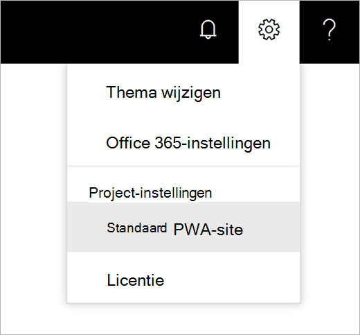 Schermafbeelding van het tandwiel pictogram van de instellingen met de aanwijzer standaard PWA-site kiezen