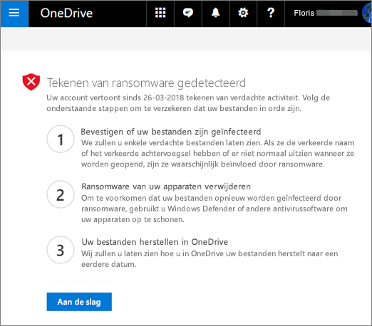 Schermafbeelding van het scherm Tekenen van ransomware gedetecteerd op de OneDrive website