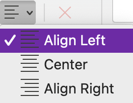 Het menu Alinea-uitlijning in OneNote voor Mac.