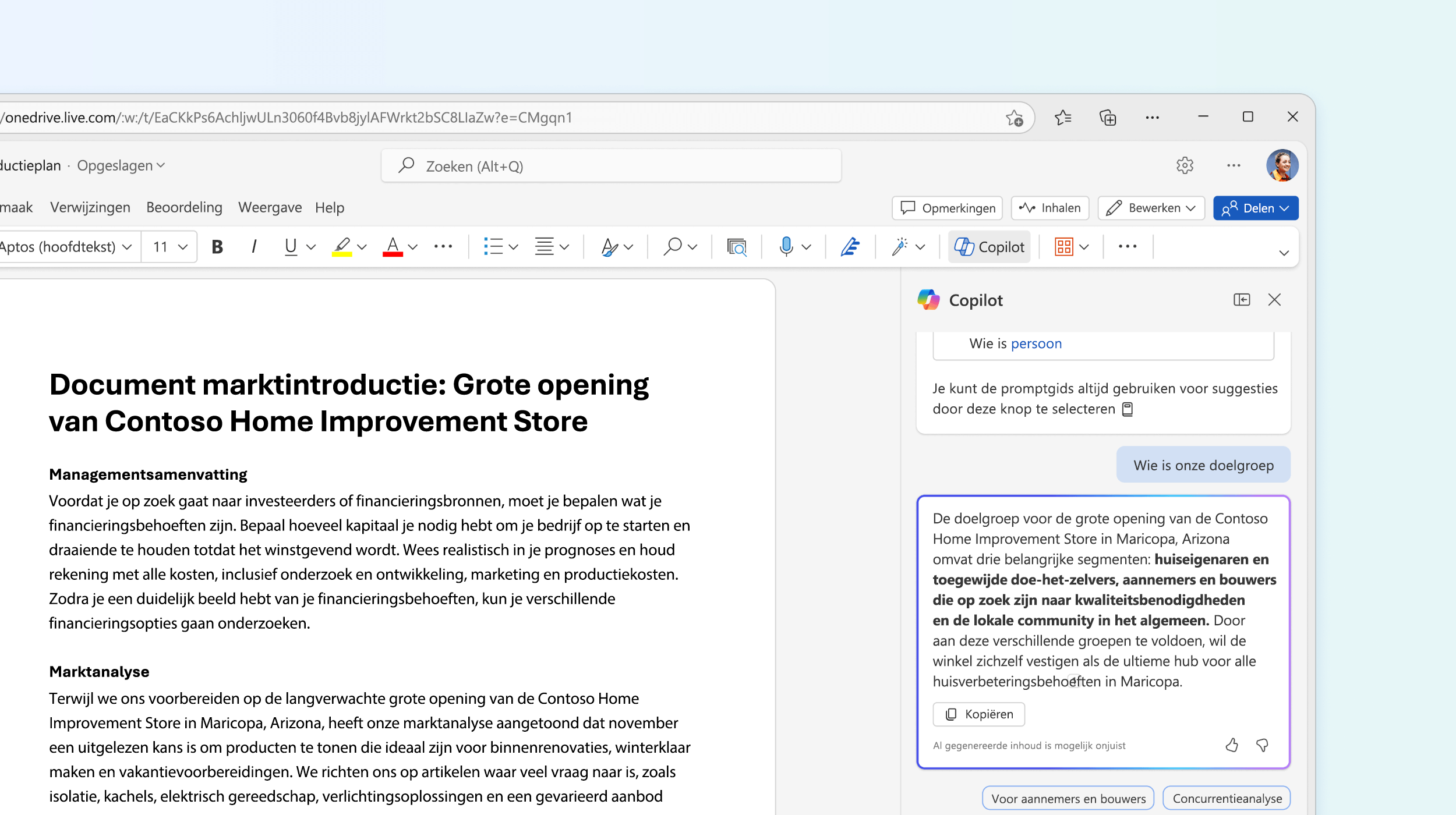 Schermopname van Copilot in Word een vraag over het document te beantwoorden.