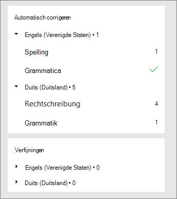 Correcties en verfijningen worden per taal weergegeven in het deelvenster Editor.