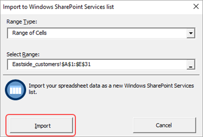 Schermopname van het dialoogvenster Importeren in spreadsheet met de knop Importeren gemarkeerd.