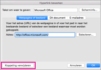Hyperlink verwijderen in Office voor Mac