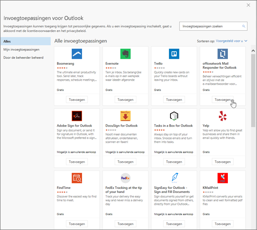 Schermafbeelding met de pagina Invoegtoepassingen voor Outlook.