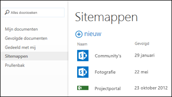 Selecteer Sitemappen op de balk voor snelle toegang in Office 365 om een lijst weer te geven met SharePoint Online-sites die u volgt.