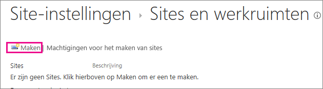 De koppeling om een site te maken in het dialoogvenster Sites en werkruimten