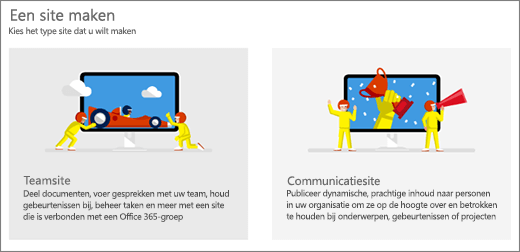 Keuze uit twee sjablonen op het hoogste niveau, een team of een communicatiesite.