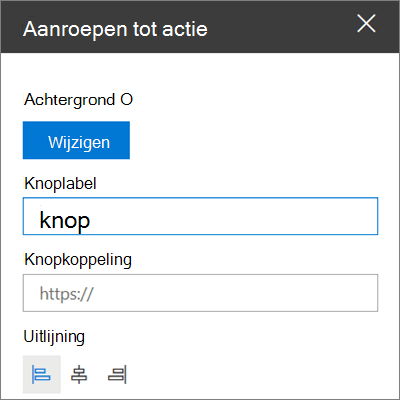 De werkset voor het webonderdeel Call to Action voor SharePoint-sites, waarin wordt getoond hoe u de koppeling, knop en uitlijning van het webonderdeel kunt aanpassen